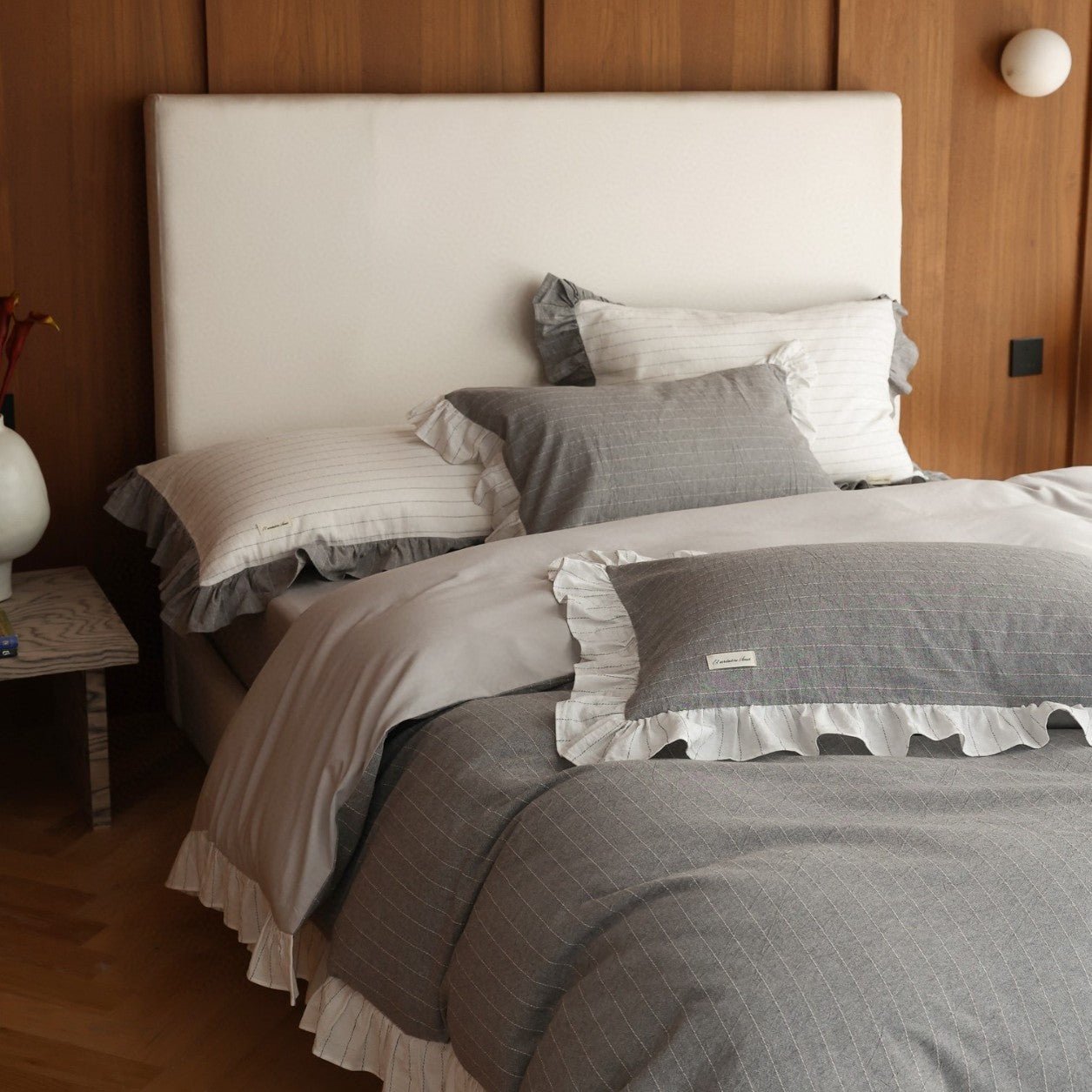 -Ever Lasting - Madison Striped Ruffle Bedding Set / Gray -Bedding Set -Ever Lasting