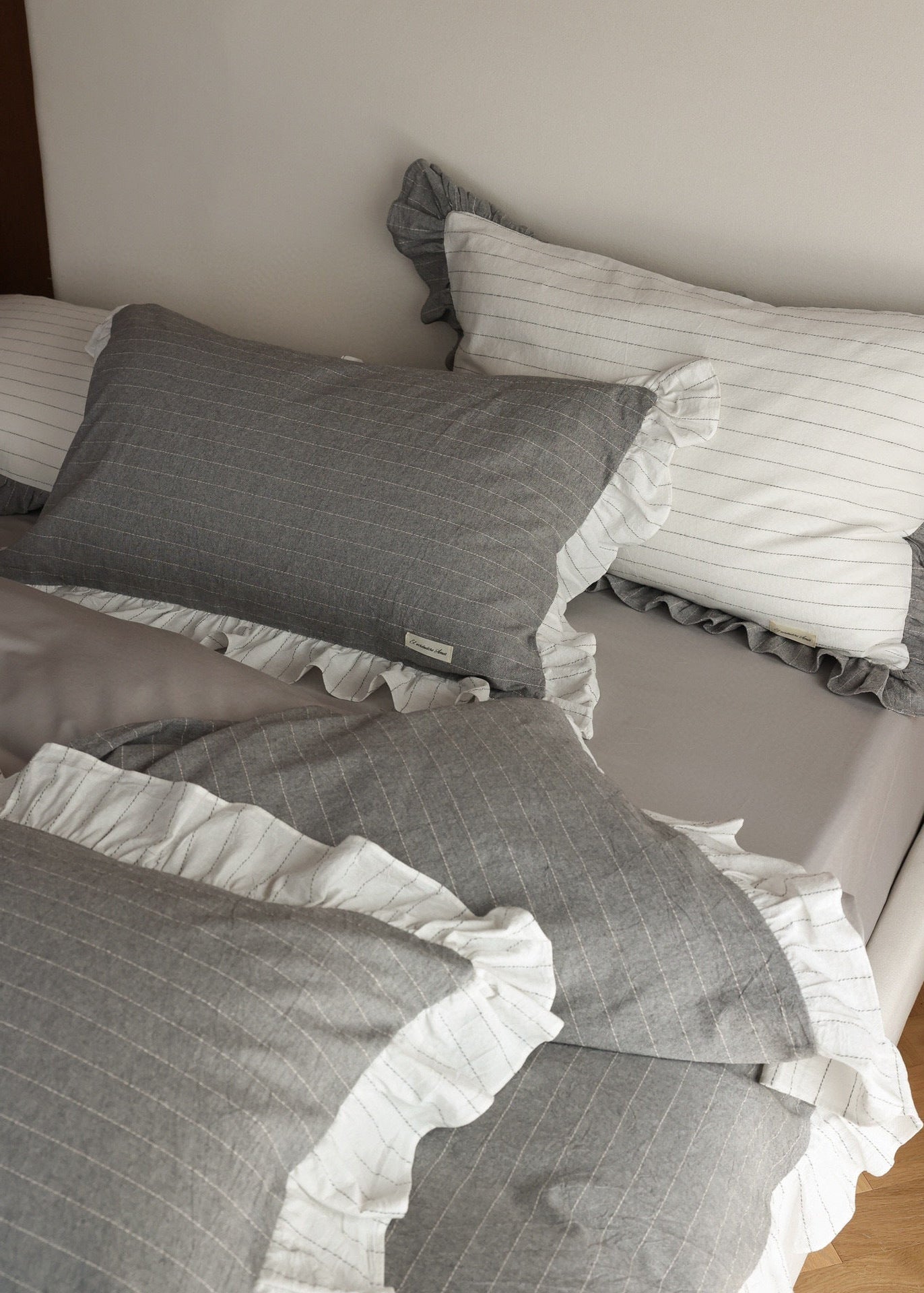 -Ever Lasting - Madison Striped Ruffle Bedding Set / Gray -Bedding Set -Ever Lasting