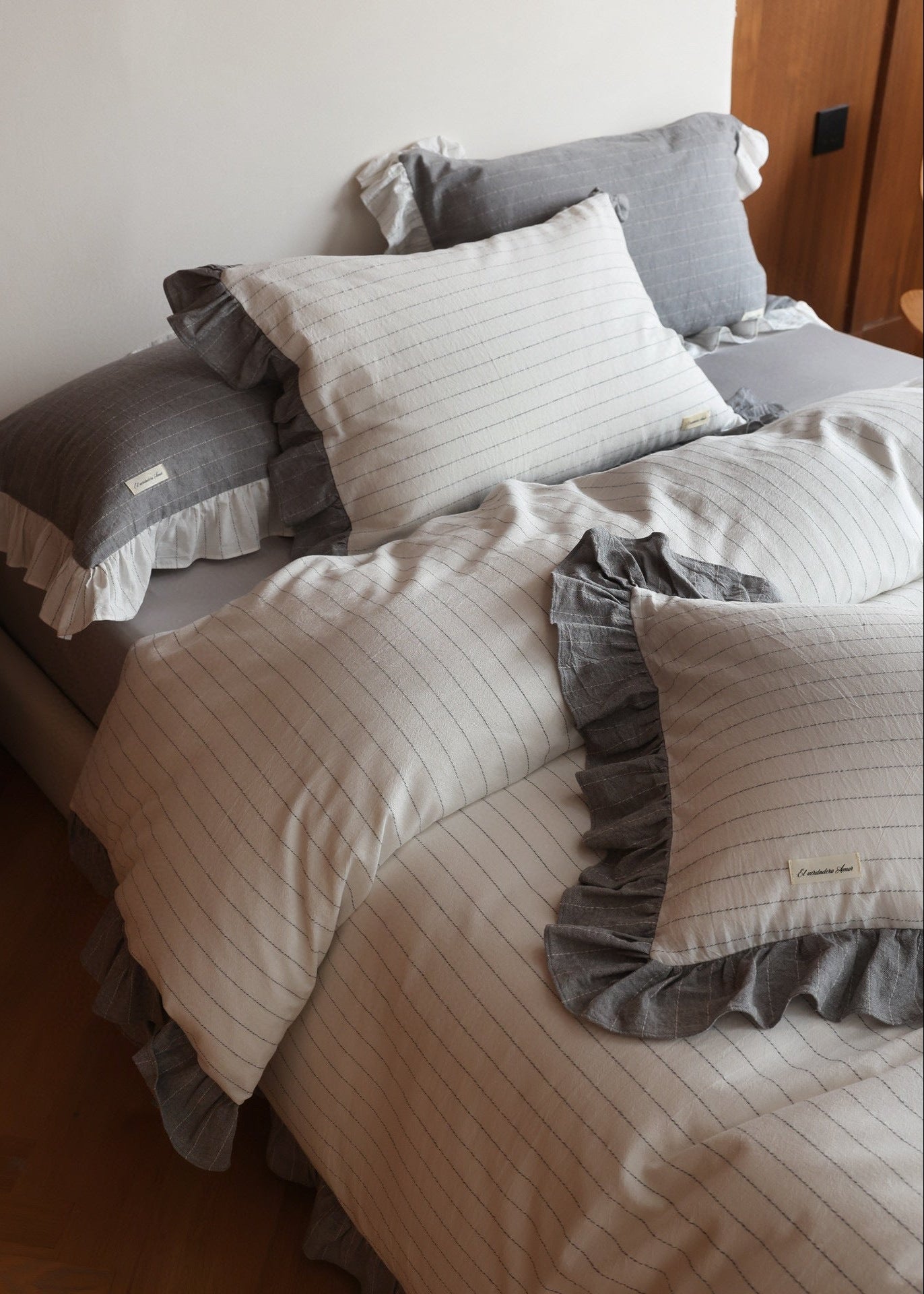 -Ever Lasting - Madison Striped Ruffle Bedding Set / Gray -Bedding Set -Ever Lasting