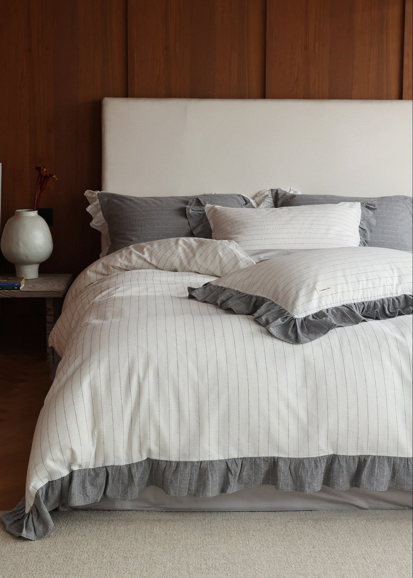 -Ever Lasting - Madison Striped Ruffle Bedding Set / Gray -Bedding Set -Ever Lasting