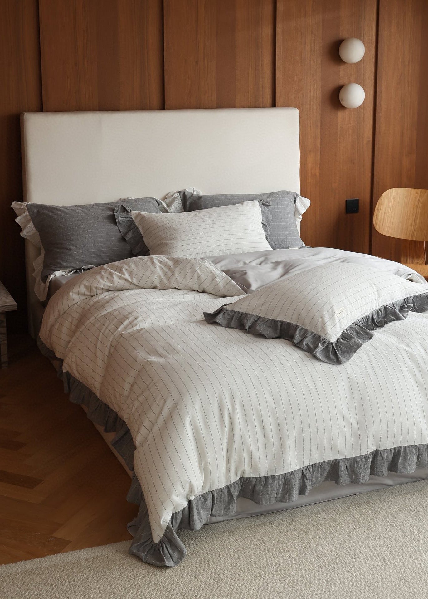 -Ever Lasting - Madison Striped Ruffle Bedding Set / Gray -Bedding Set -Ever Lasting