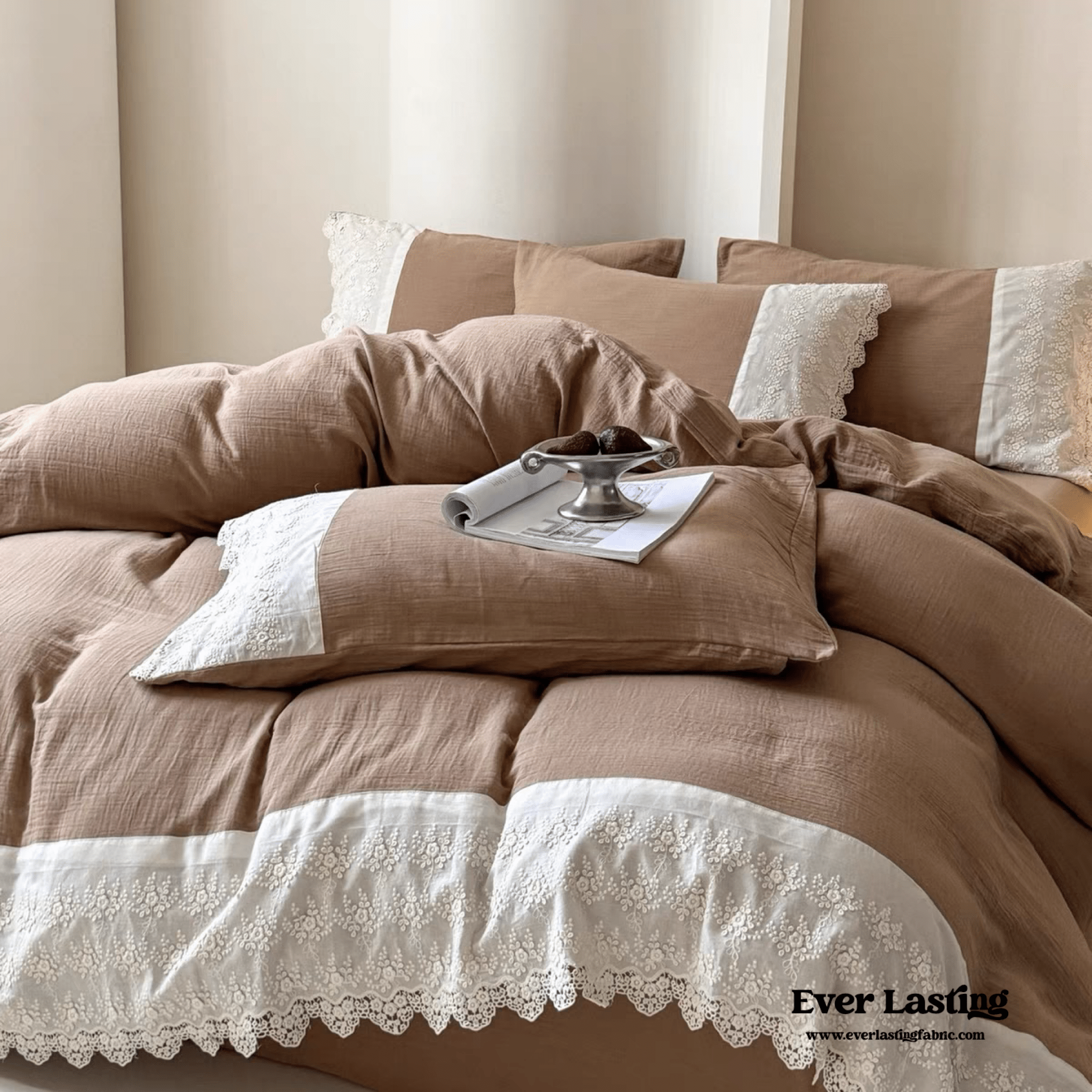 Margaux Lace Double Gauze Bedding Set / Beige Brown - Ever Lasting