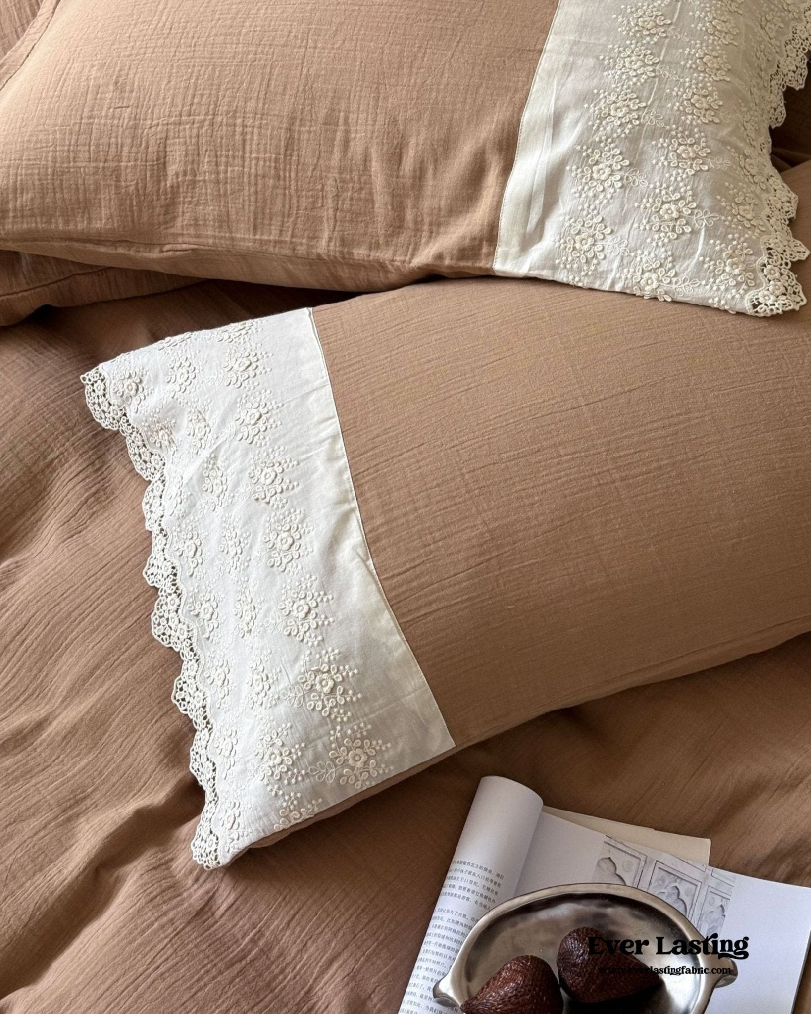 Margaux Lace Double Gauze Bedding Set / Chocolate Brown - Ever Lasting