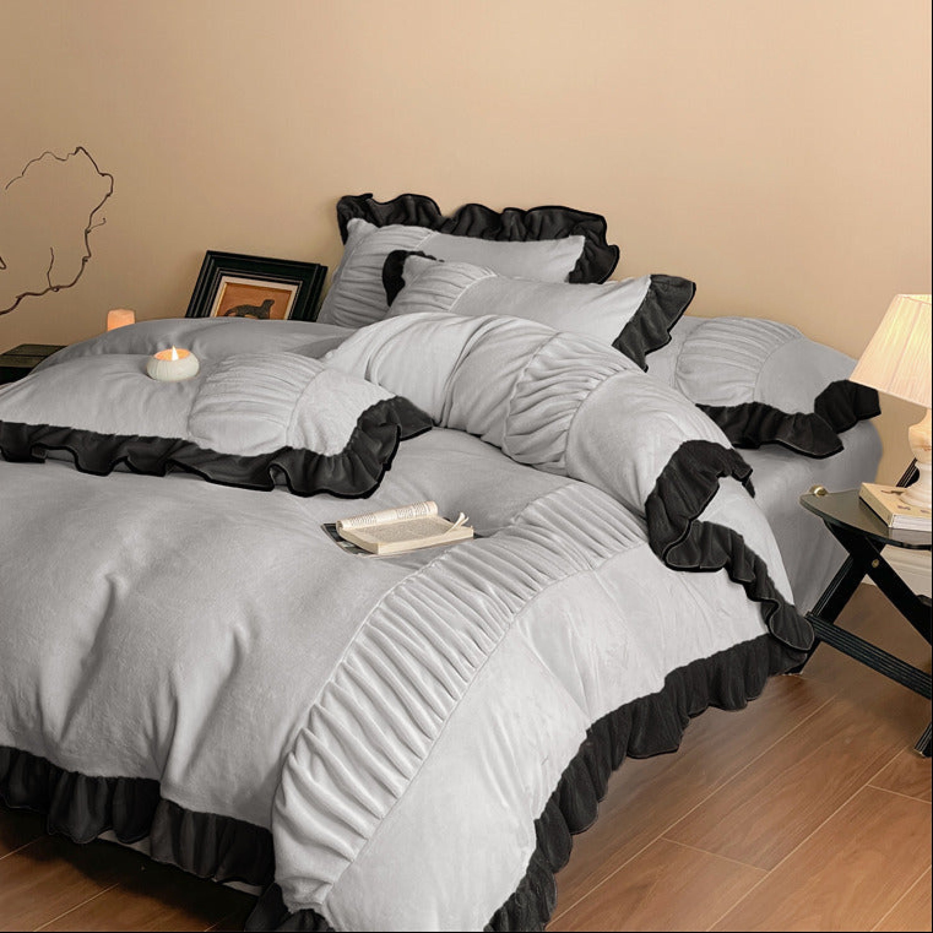  - Ever Lasting - Marigold Velvet Pleated Lace Bedding Set / Beige - Bedding Set - Ever Lasting