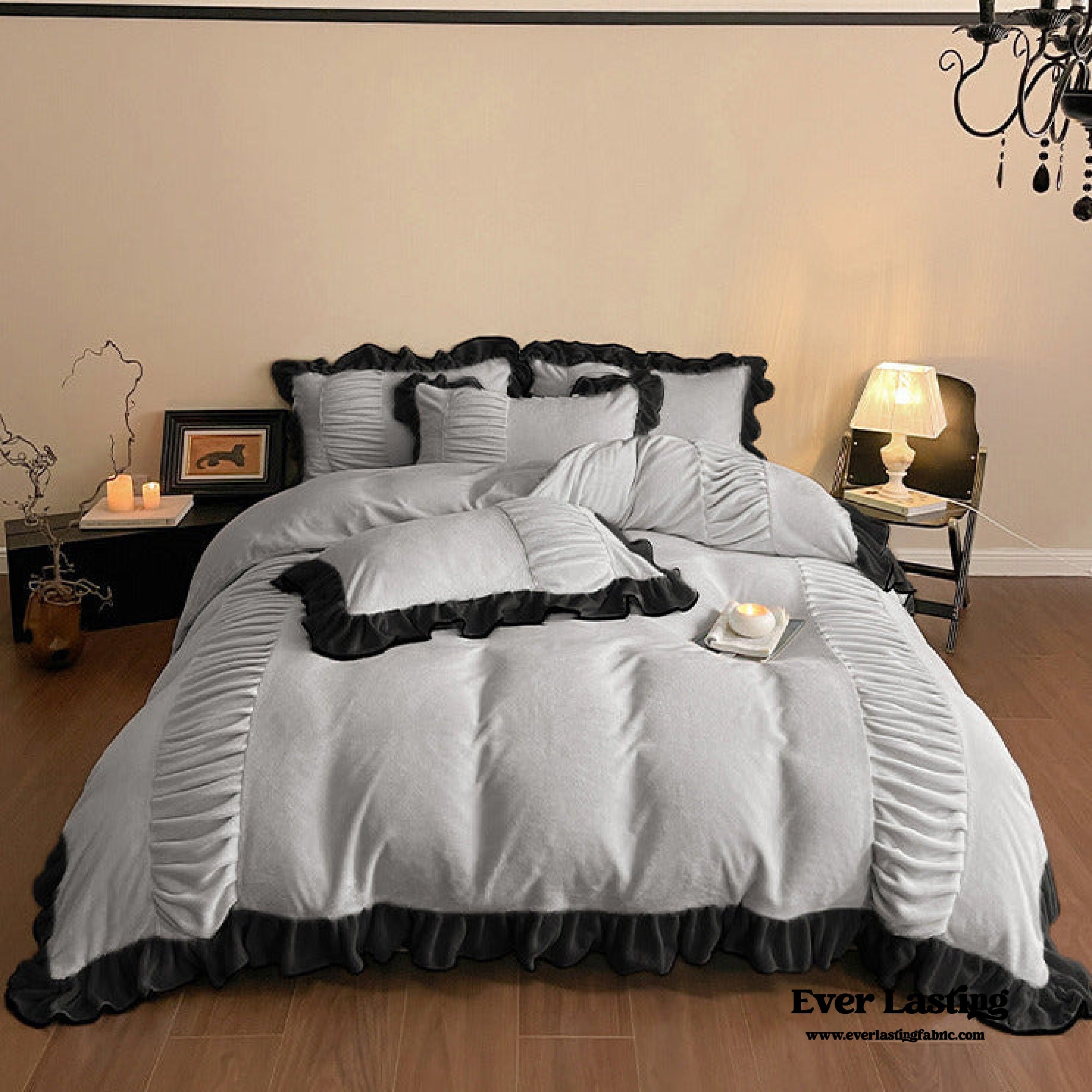  - Ever Lasting - Marigold Velvet Pleated Lace Bedding Set / Beige - Bedding Set - Ever Lasting