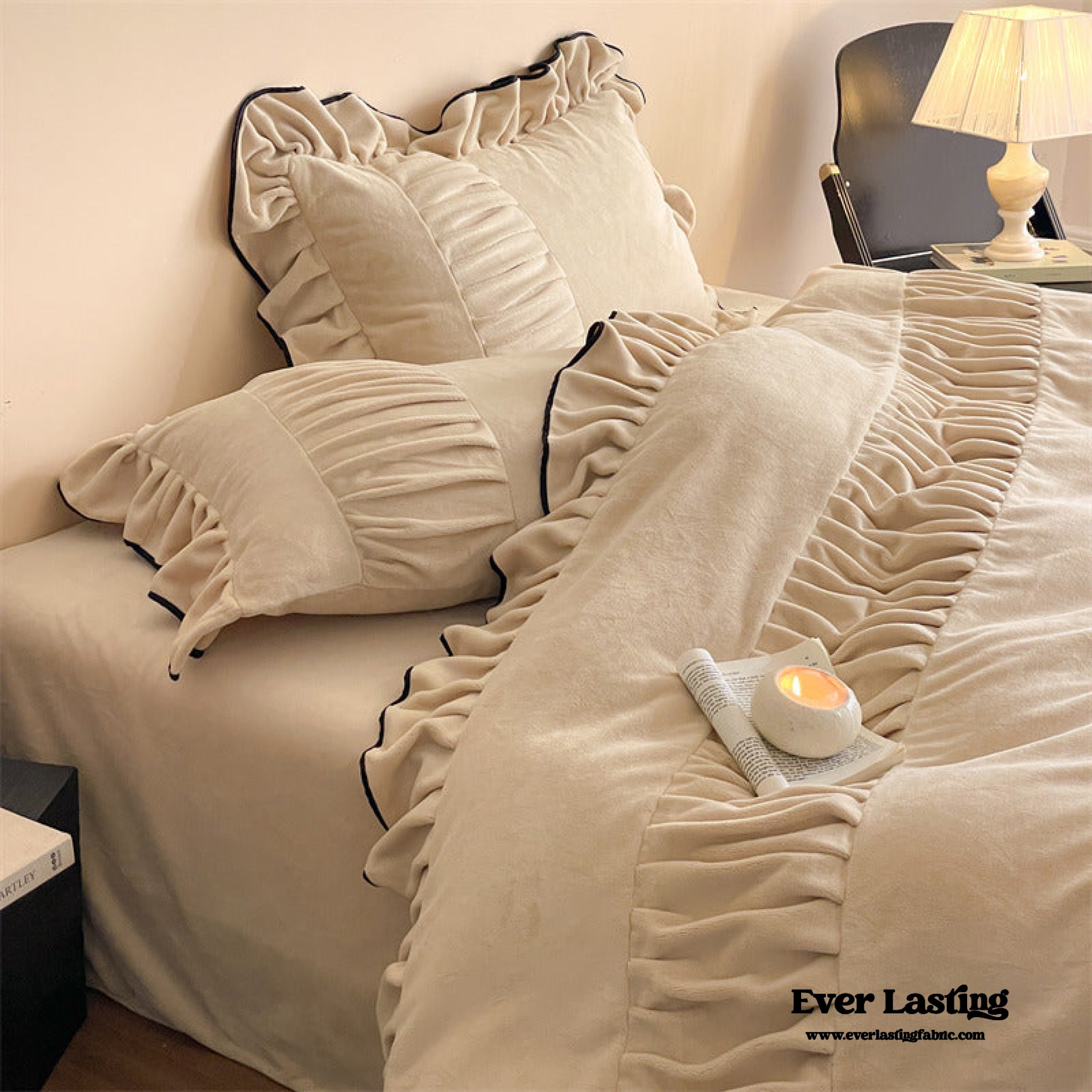  - Ever Lasting - Marigold Velvet Pleated Lace Bedding Set / Beige - Bedding Set - Ever Lasting