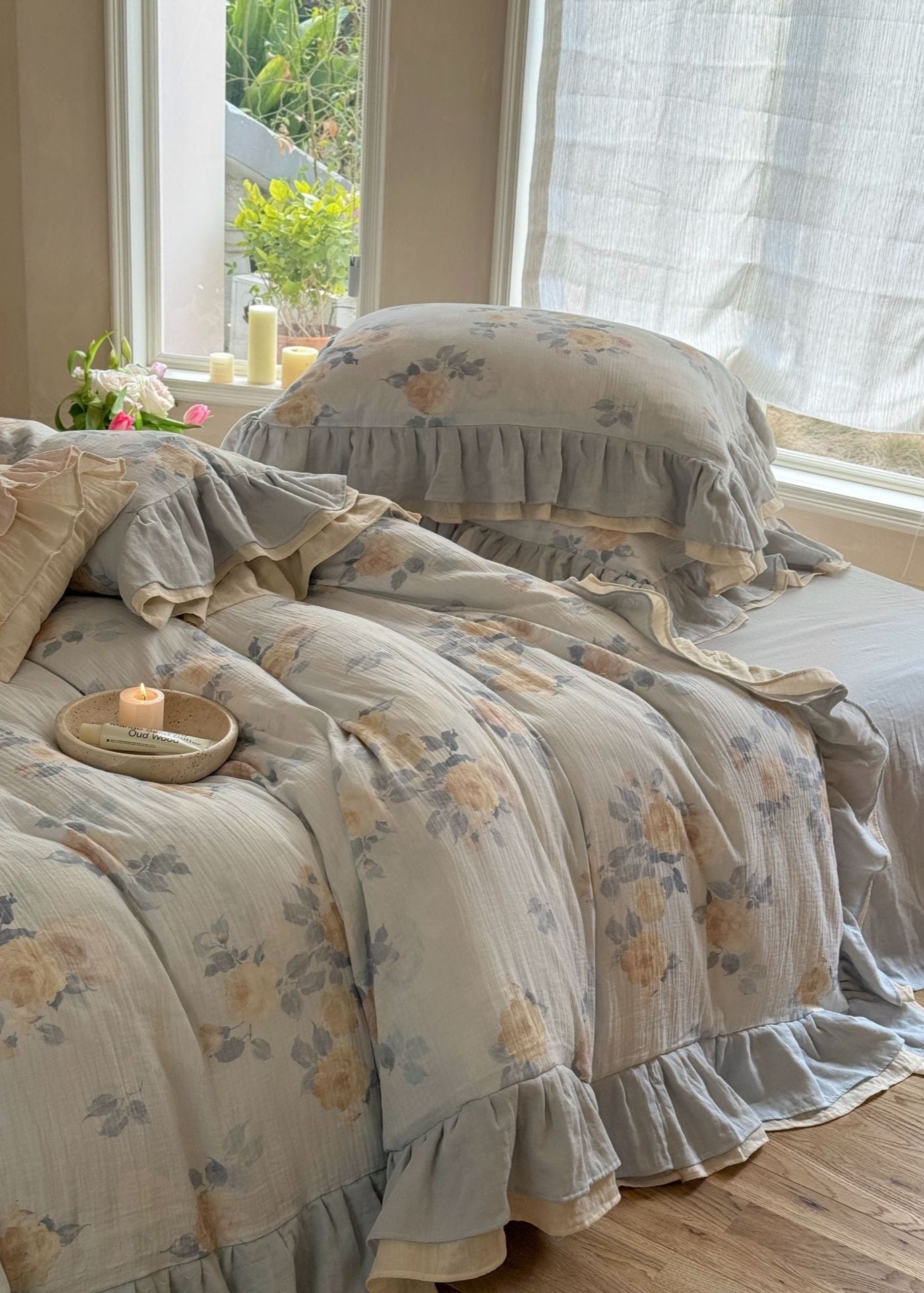 Millie Lace Ruffle Floral Bedding Set / Beige - Ever Lasting