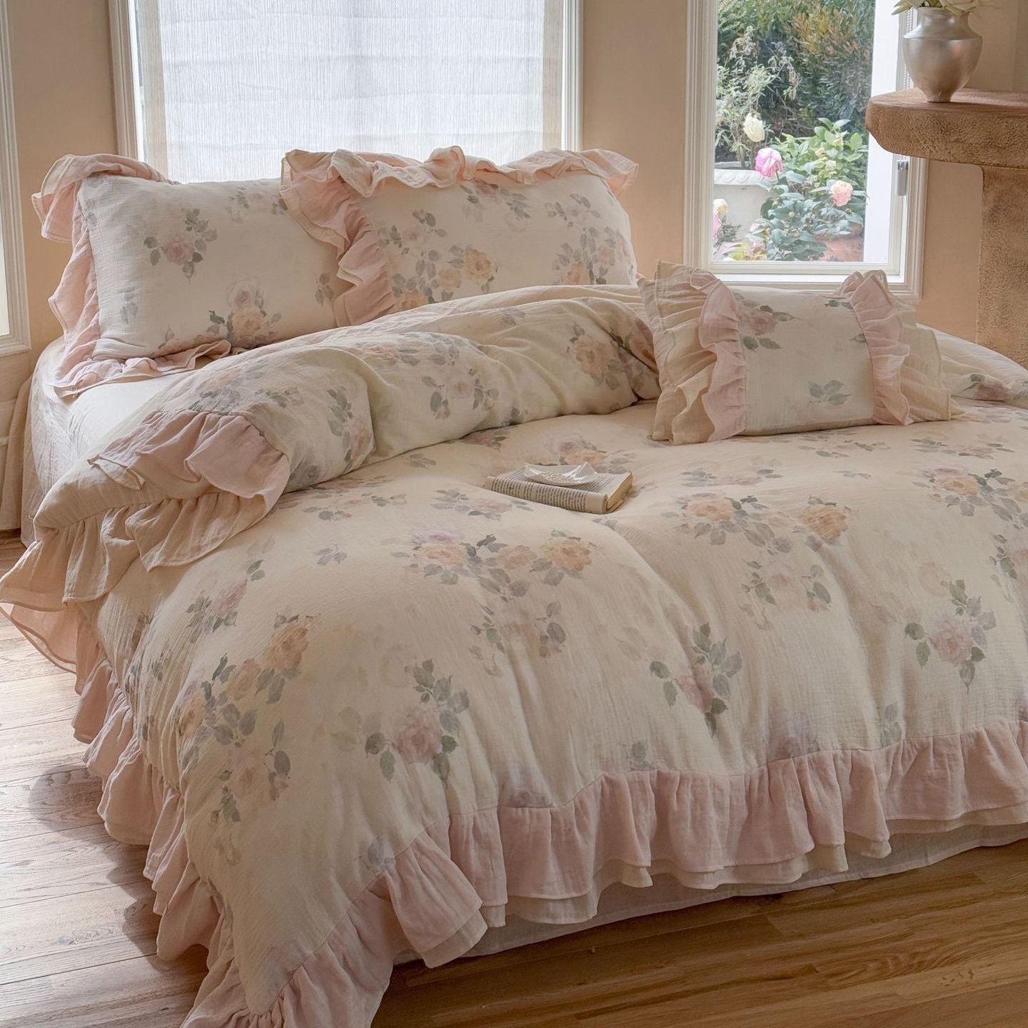 Millie Lace Ruffle Floral Bedding Set / Beige - Ever Lasting