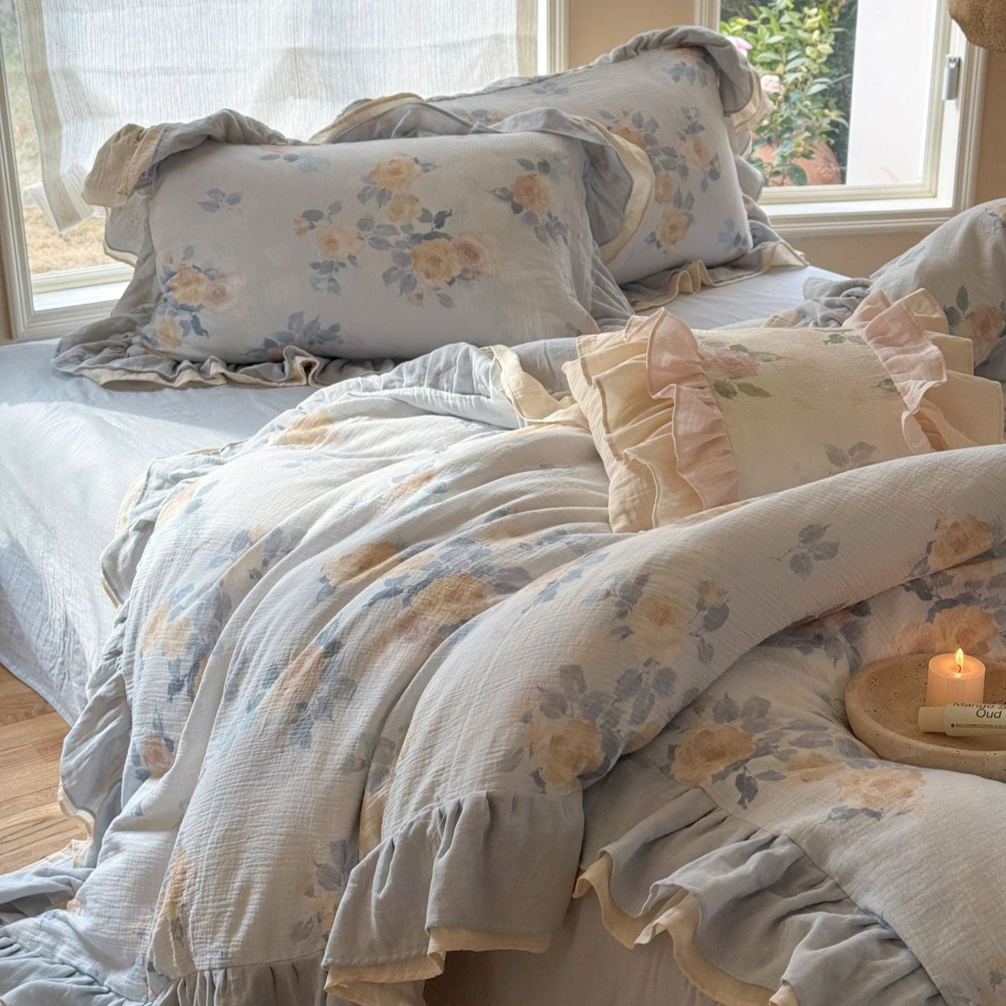 Millie Lace Ruffle Floral Bedding Set / Beige - Ever Lasting