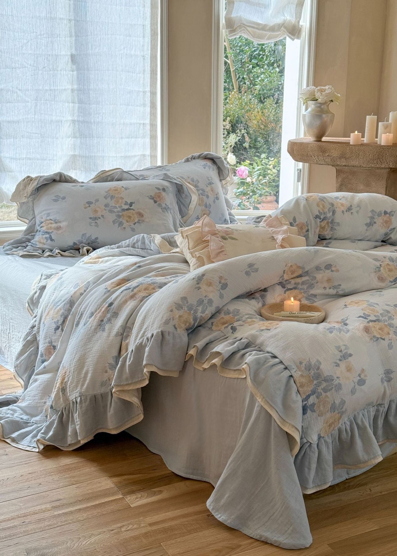 Millie Lace Ruffle Floral Bedding Set / Beige - Ever Lasting