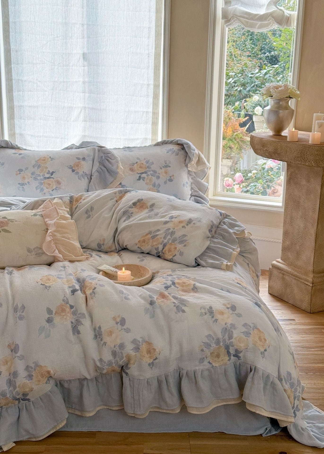 Millie Lace Ruffle Floral Bedding Set / Beige - Ever Lasting