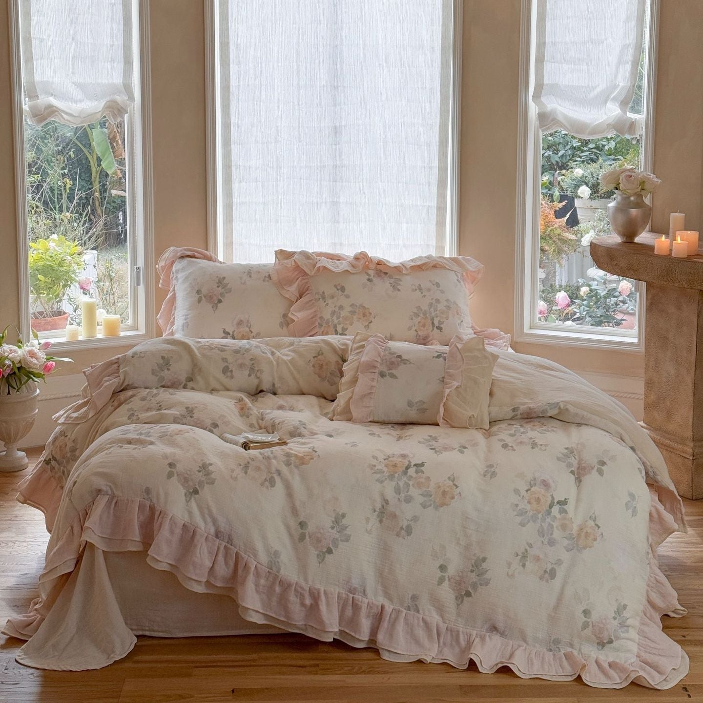 Millie Lace Ruffle Floral Bedding Set / Beige - Ever Lasting