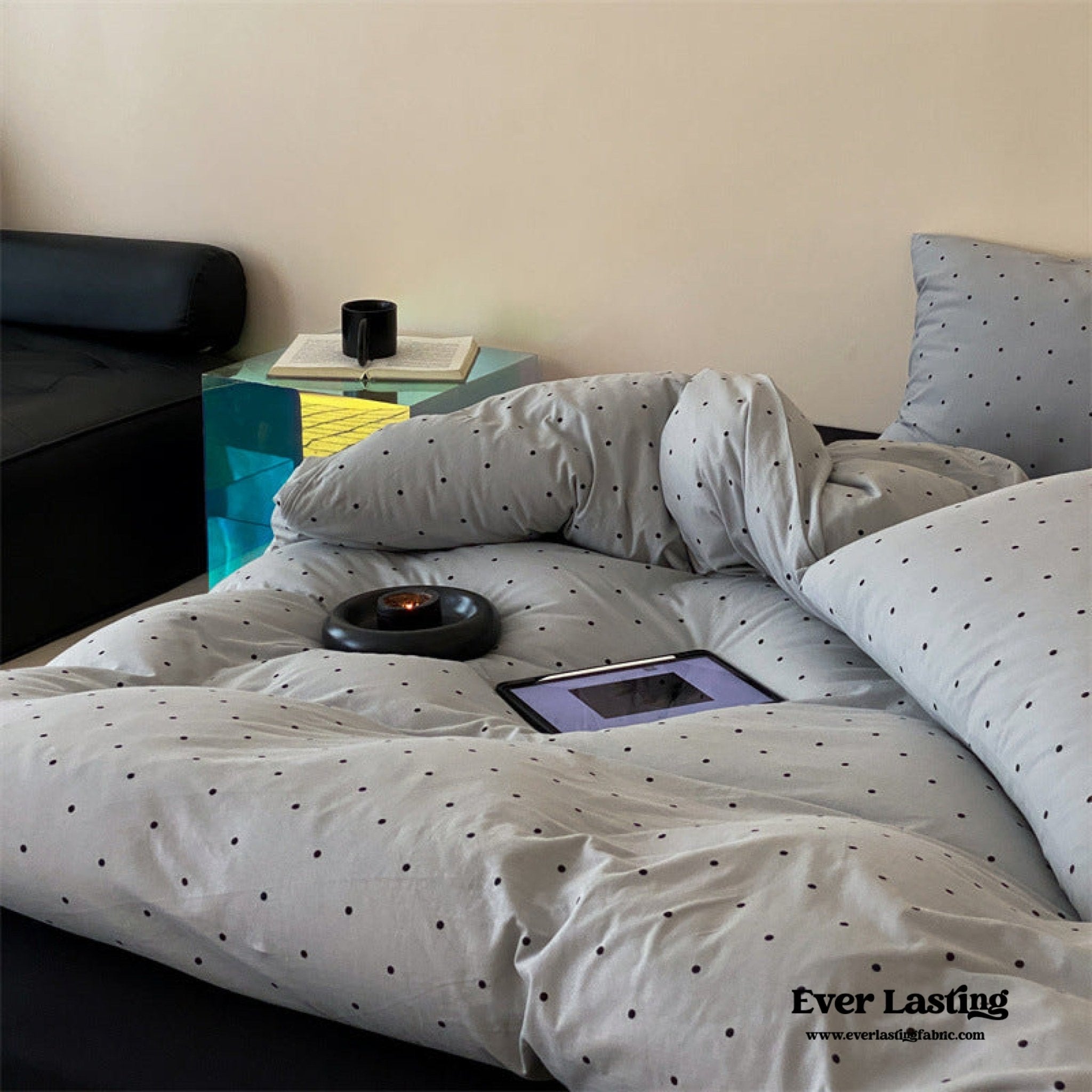 Mini Polka Dot Jersey Knit Bedding Set / Blue + Black - Ever Lasting