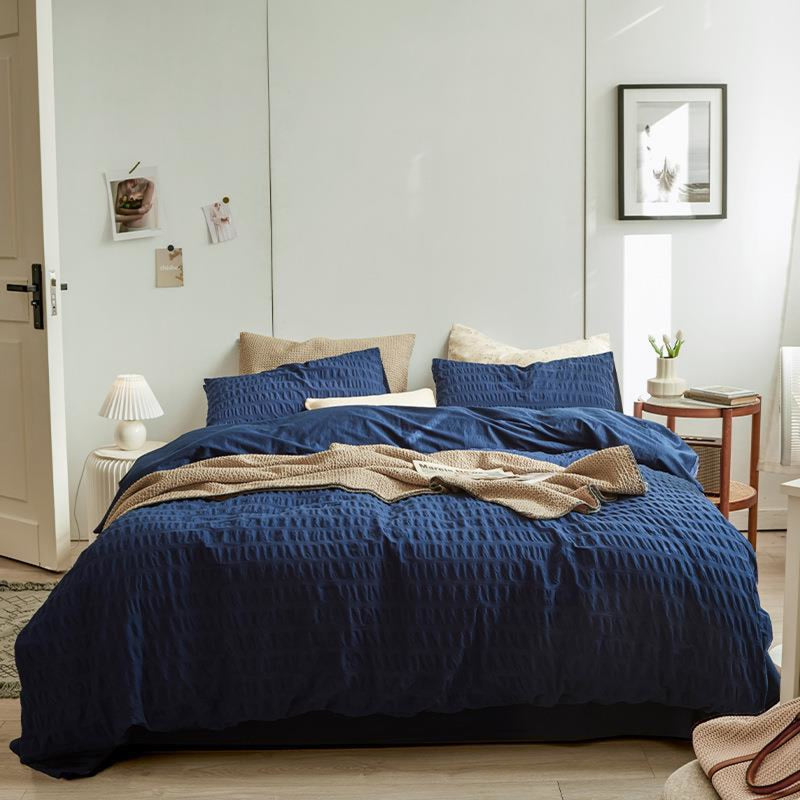 Minimal Bubble Textured Bedding Set / Blue Small Flat