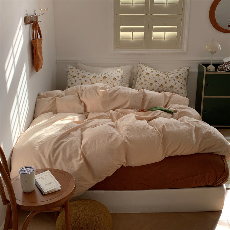 Minimal Floral Bedding Set / Yellow + Green Beige Small Flat