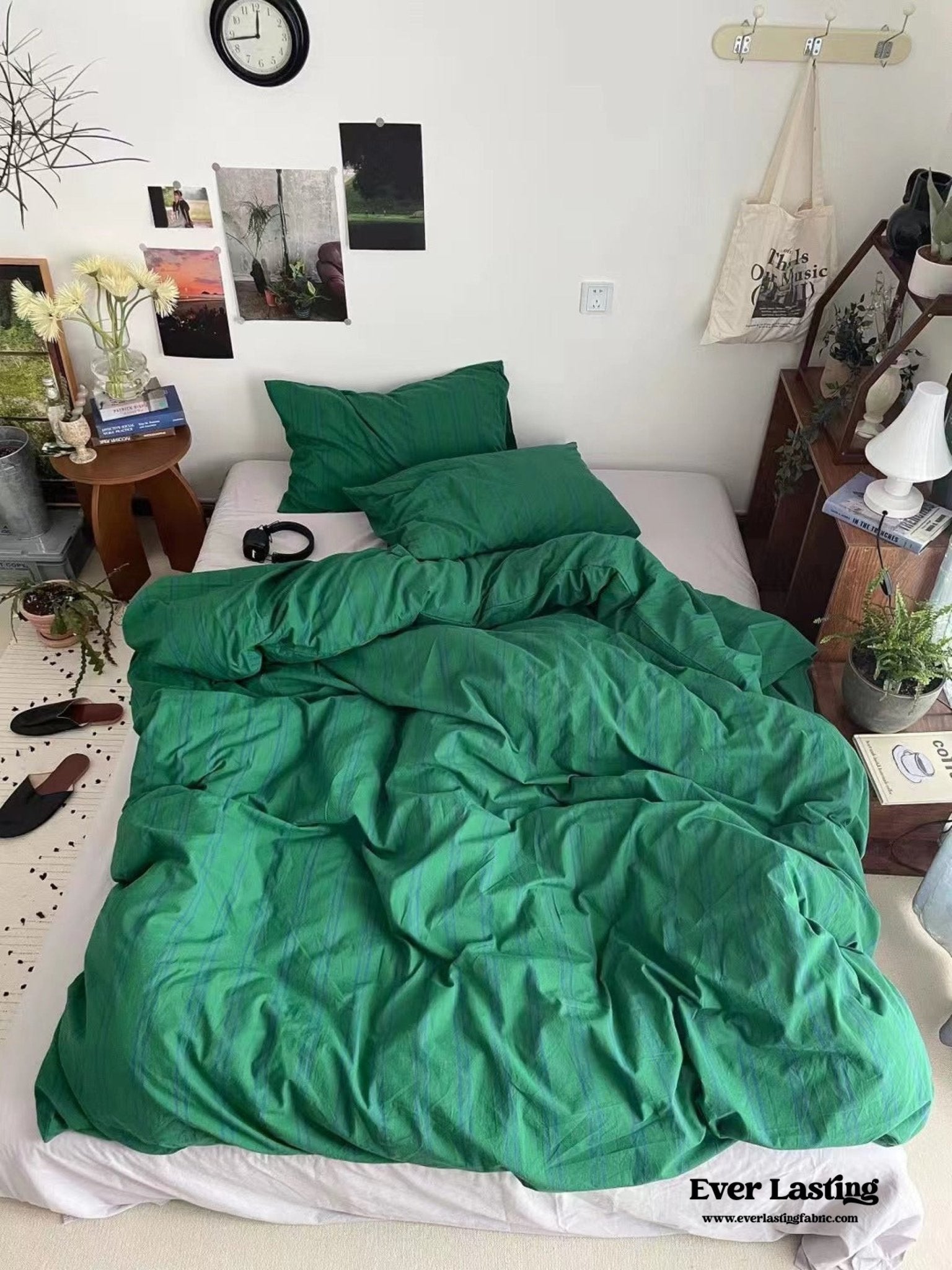 Minimal Vintage Stripe Bedding Set / Forest Green - Ever Lasting
