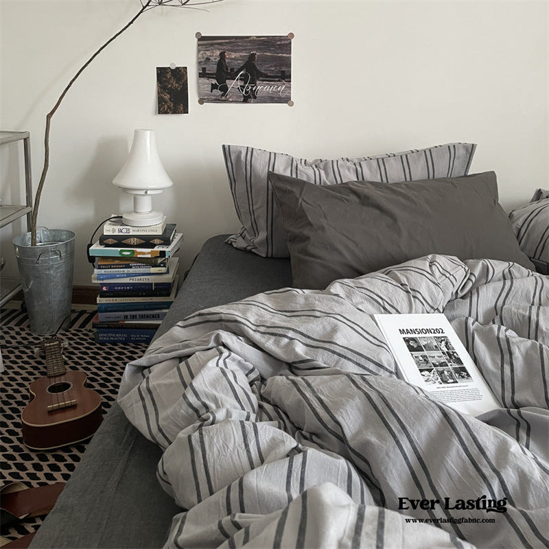 Minimal Vintage Stripe Bedding Set / Gray