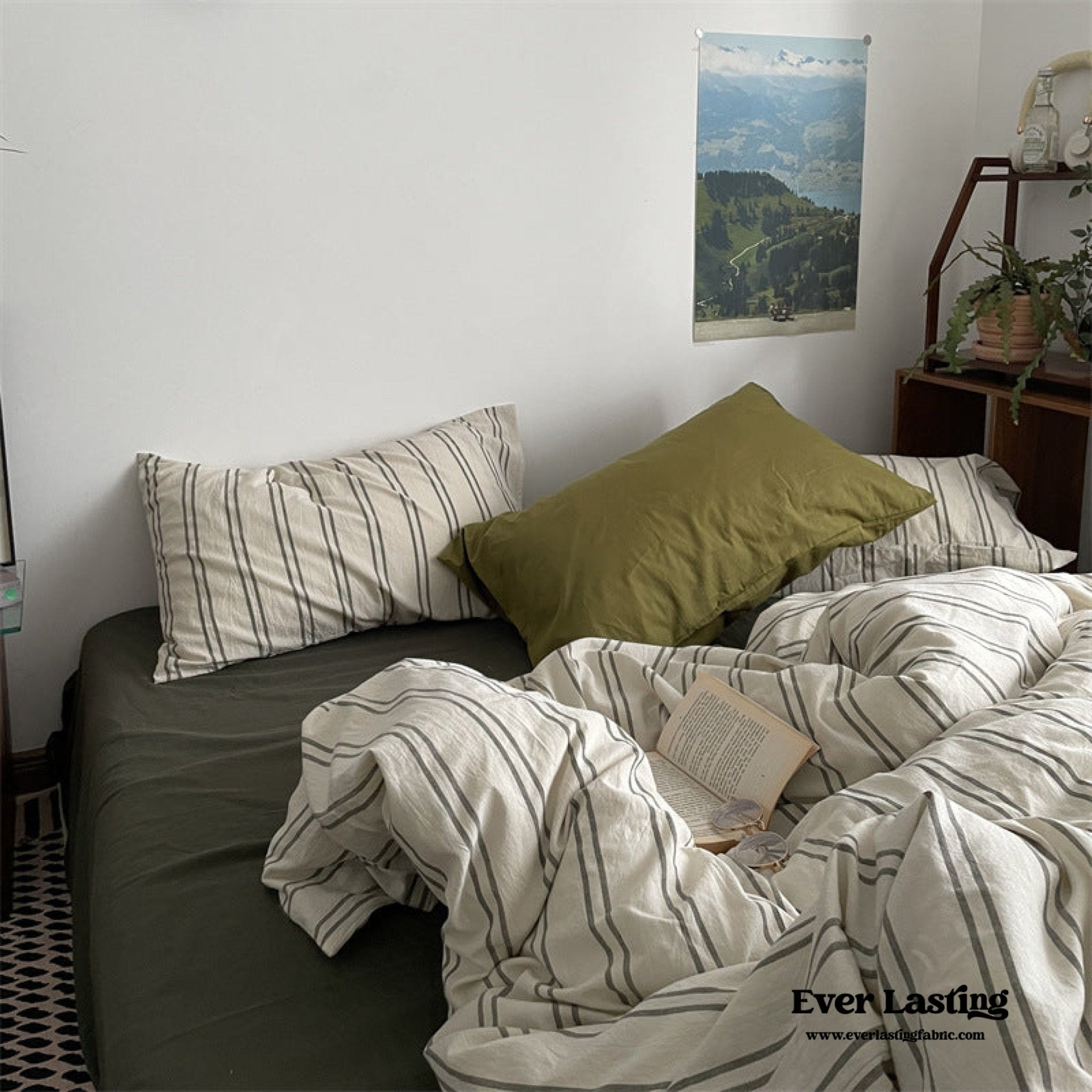 Minimal Vintage Stripe Bedding Set / Olive Green - Ever Lasting
