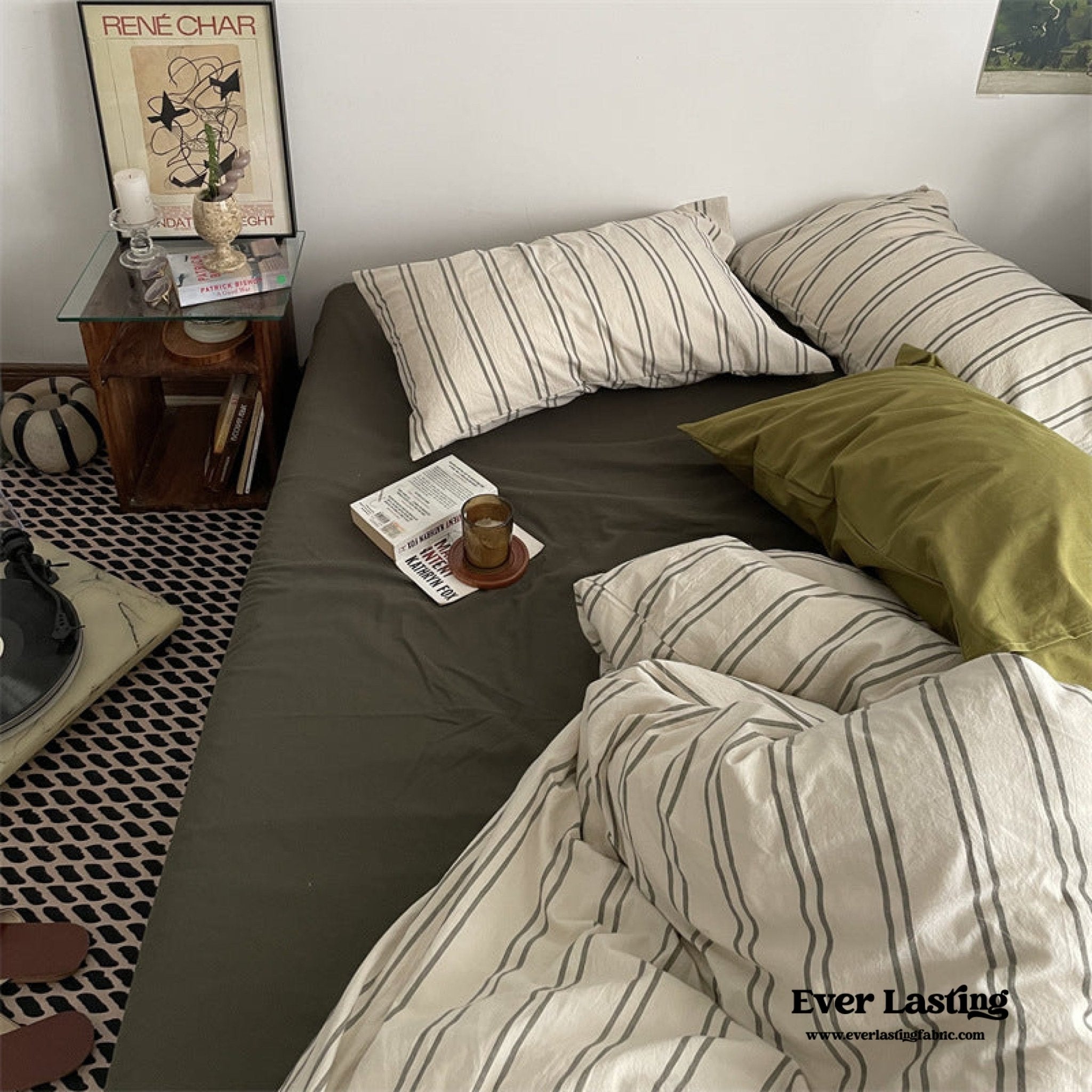 Minimal Vintage Stripe Bedding Set / Olive Green - Ever Lasting