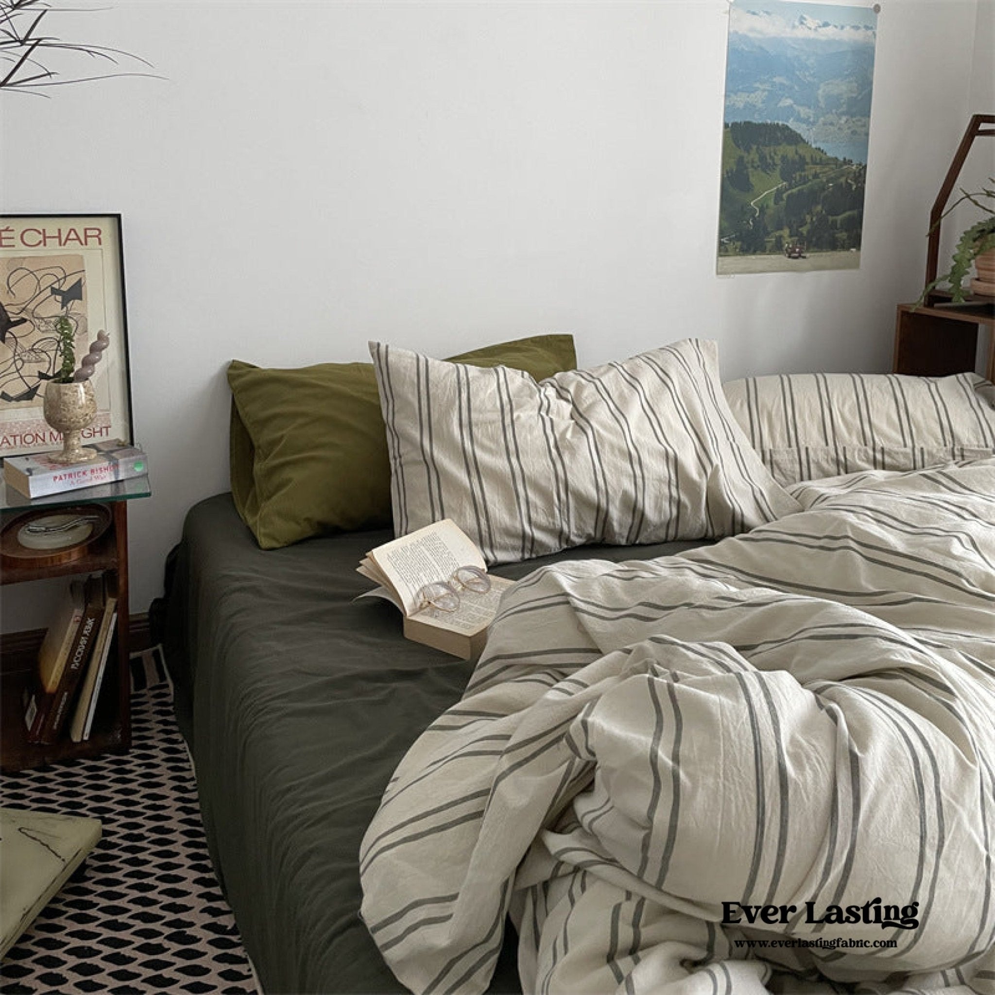 Minimal Vintage Stripe Bedding Set / Olive Green - Ever Lasting