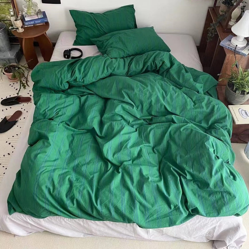 Minimal Vintage Stripe Bedding Set / Olive Green Small Flat