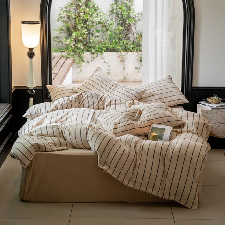  - Ever Lasting - Minimalist Vertical Stripe Bow Ties Bedding Set / Beige Custard - Bedding Set - Ever Lasting
