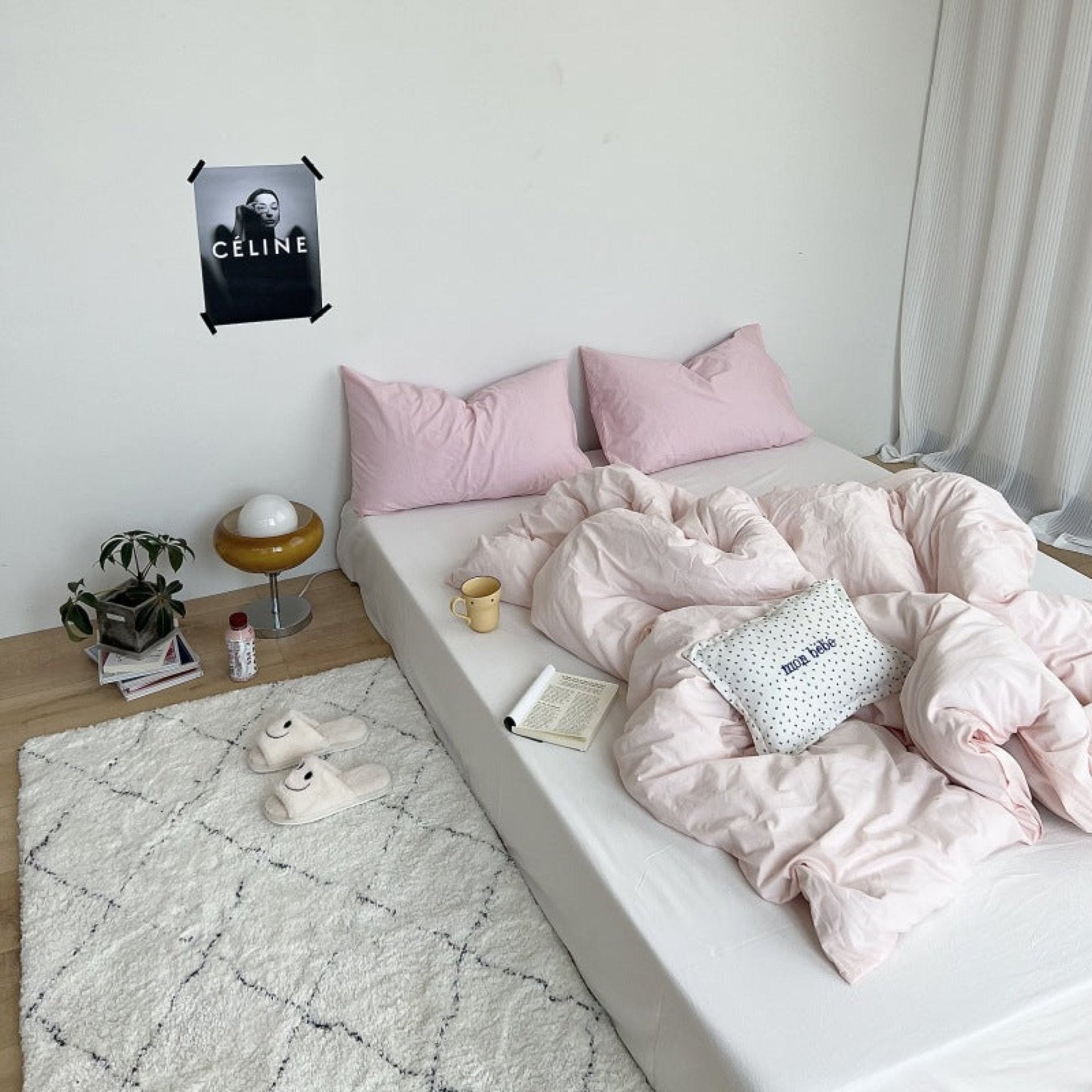 Mixed Color Washed Cotton Bedding Set / Baby Pink + White, image size:2048x2048