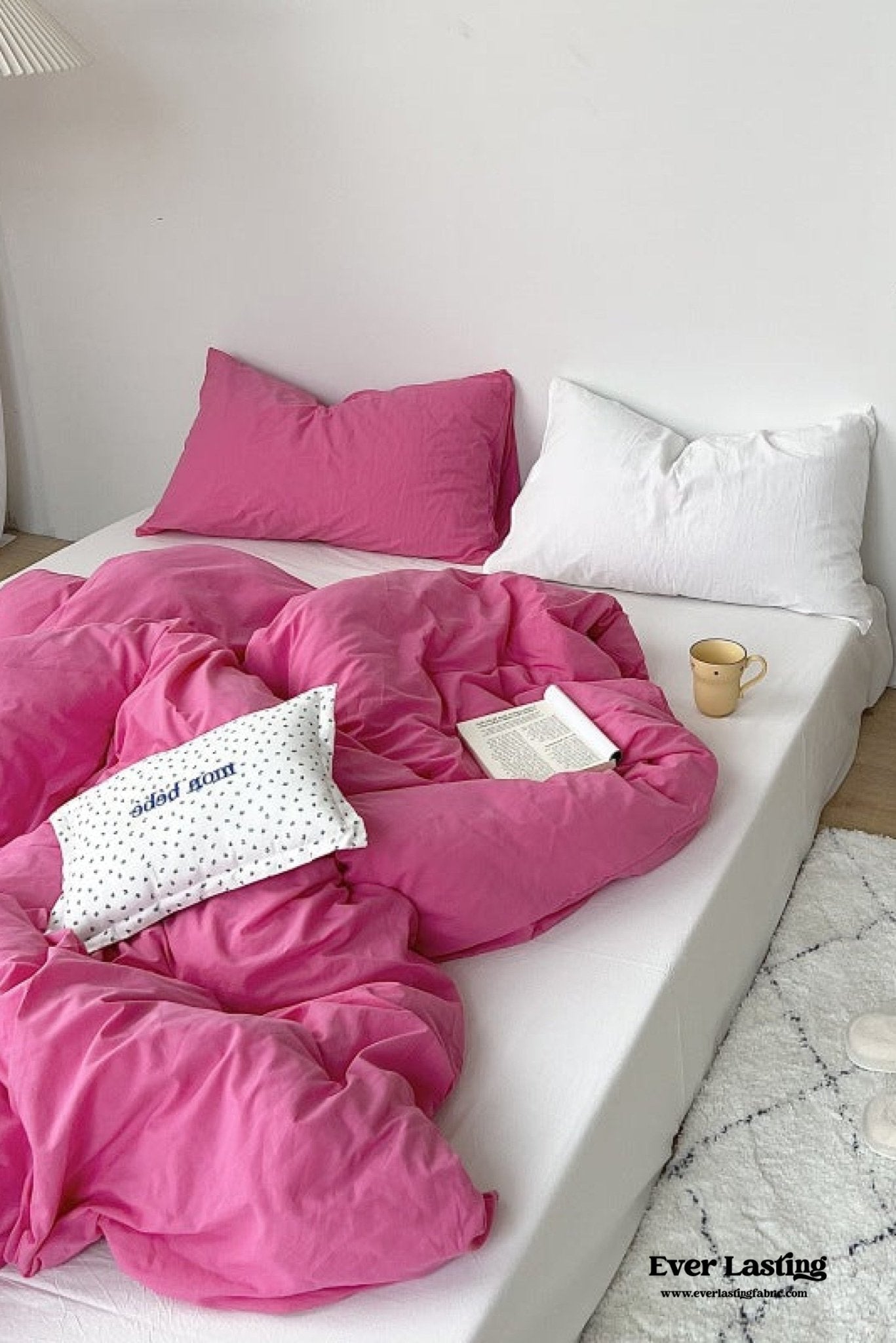 Mixed Color Washed Cotton Bedding Set / Baby Pink + White - Ever Lasting