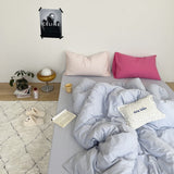 Mixed Color Washed Cotton Bedding Set / Baby Pink + White Blue Small Flat