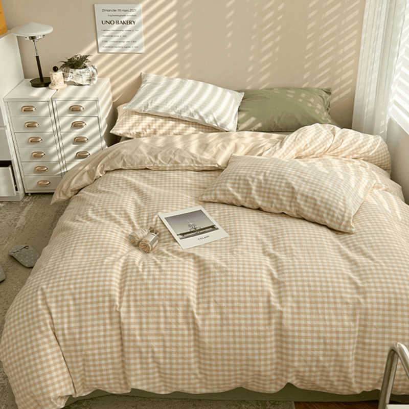 Mixed Gingham Bedding Set / Brown + Green Small Flat
