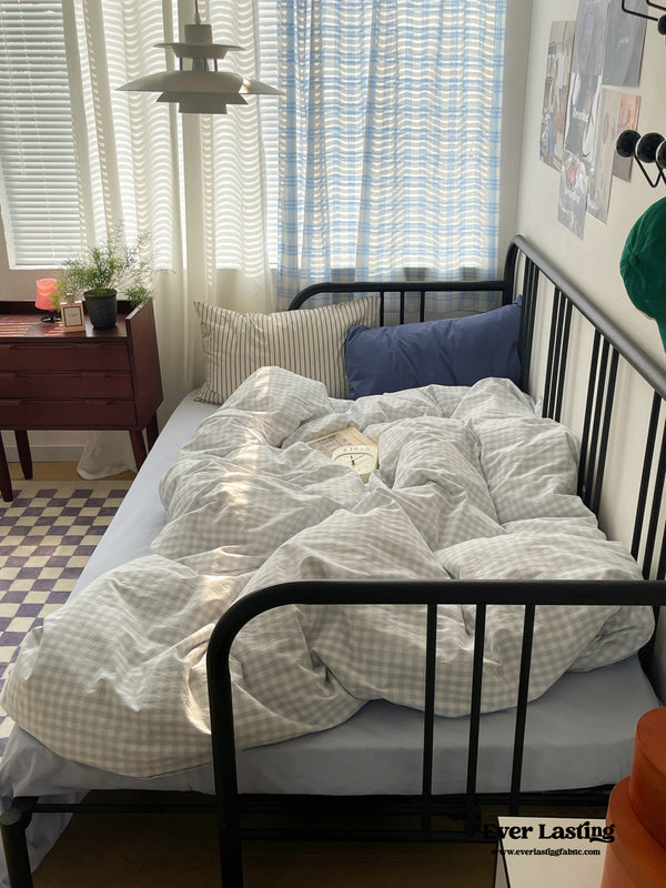 Mixed Gingham Striped Bedding Set / Blue
