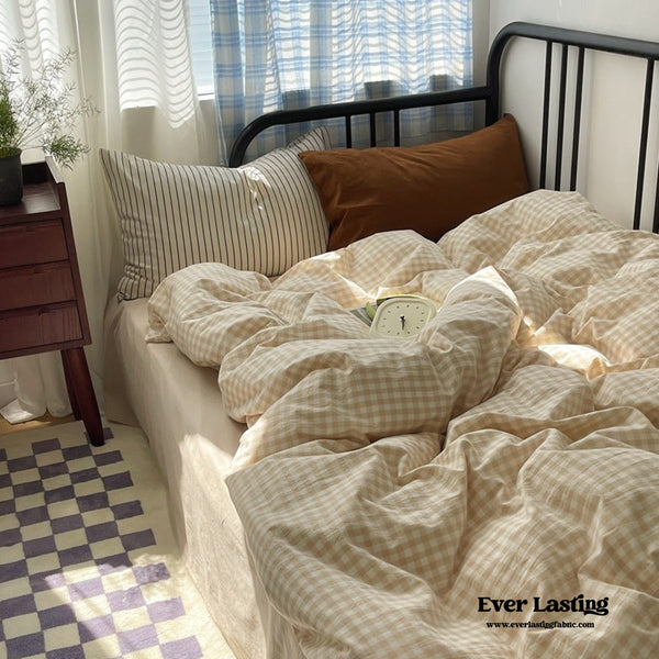 Mixed Gingham Striped Bedding Set / Brown