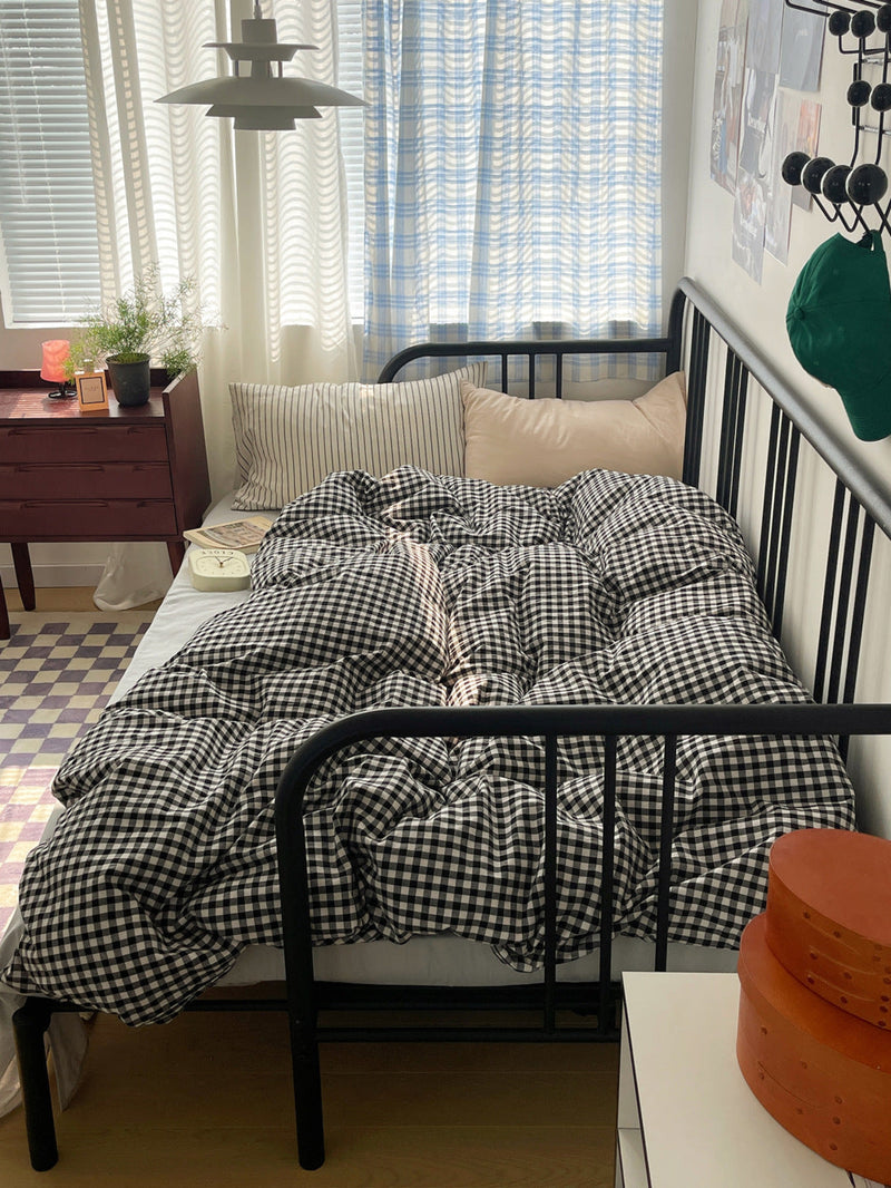 Mixed Gingham Striped Bedding Set / Mint Green Black Small Flat