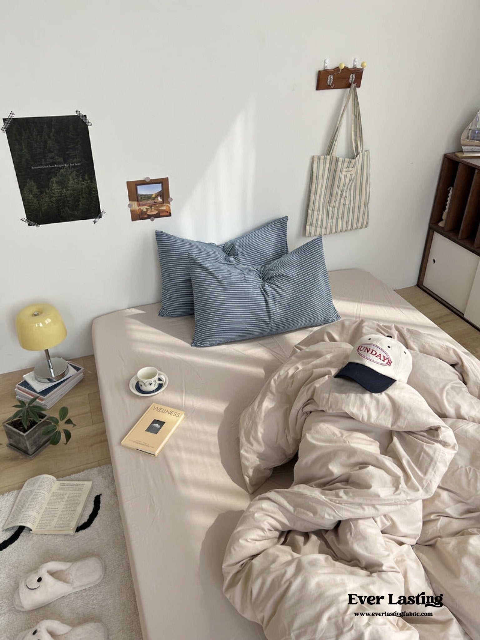 Mixed Stripe Washed Cotton Bedding Set / Blue + Cream - Ever Lasting