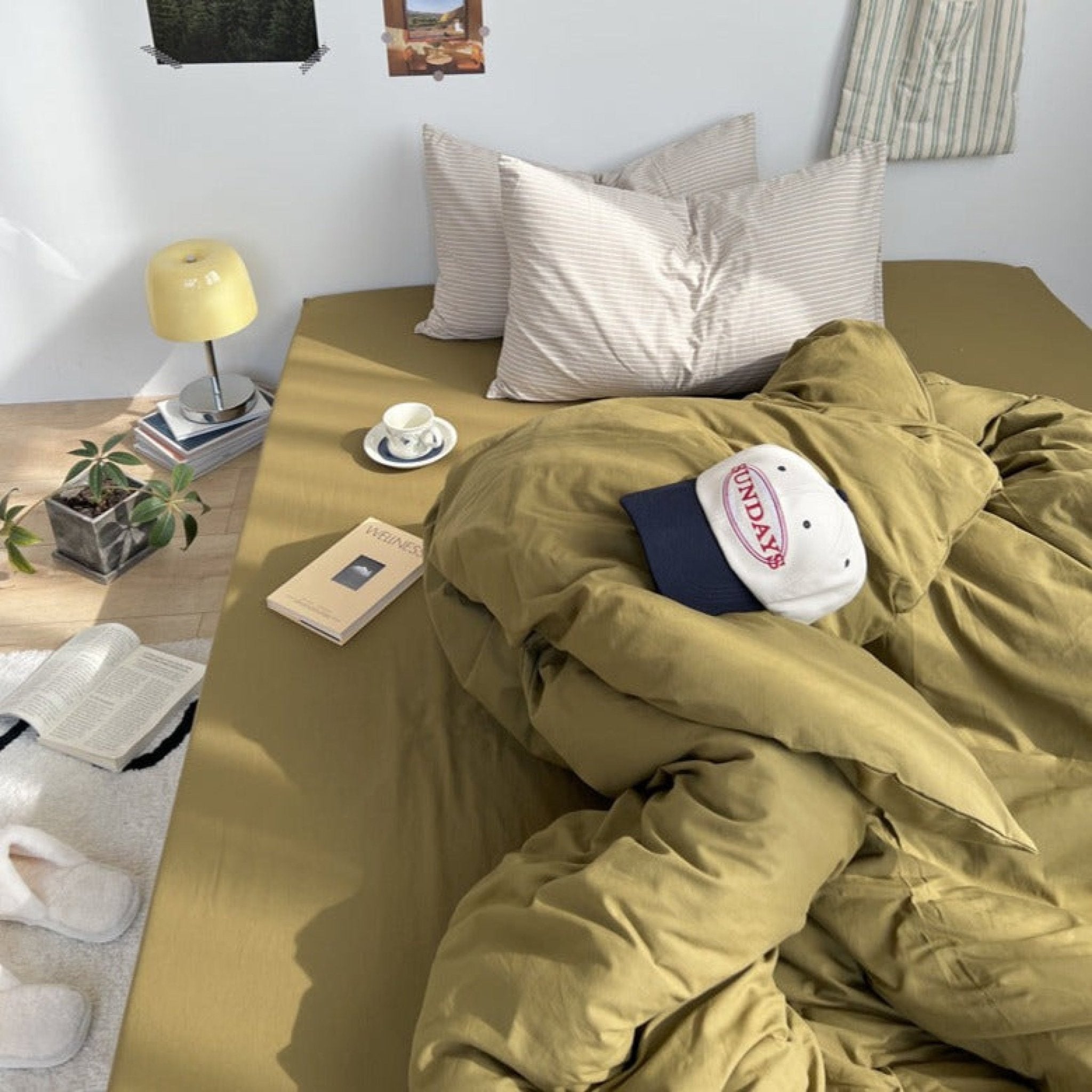 Mixed Stripe Washed Cotton Bedding Set Olive Green Ever Lasting