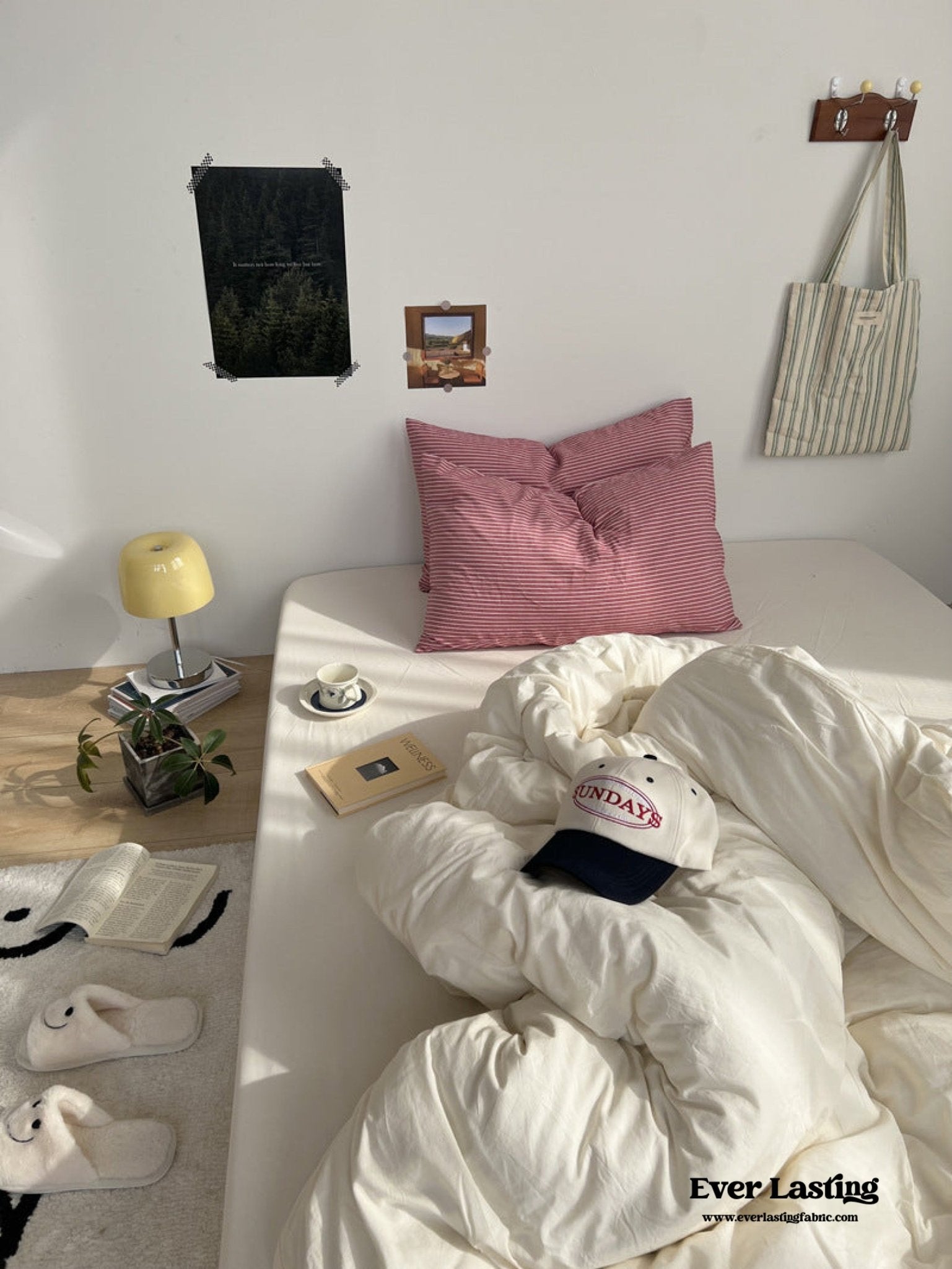 Mixed Stripe Washed Cotton Bedding Set / White + Red - Ever Lasting