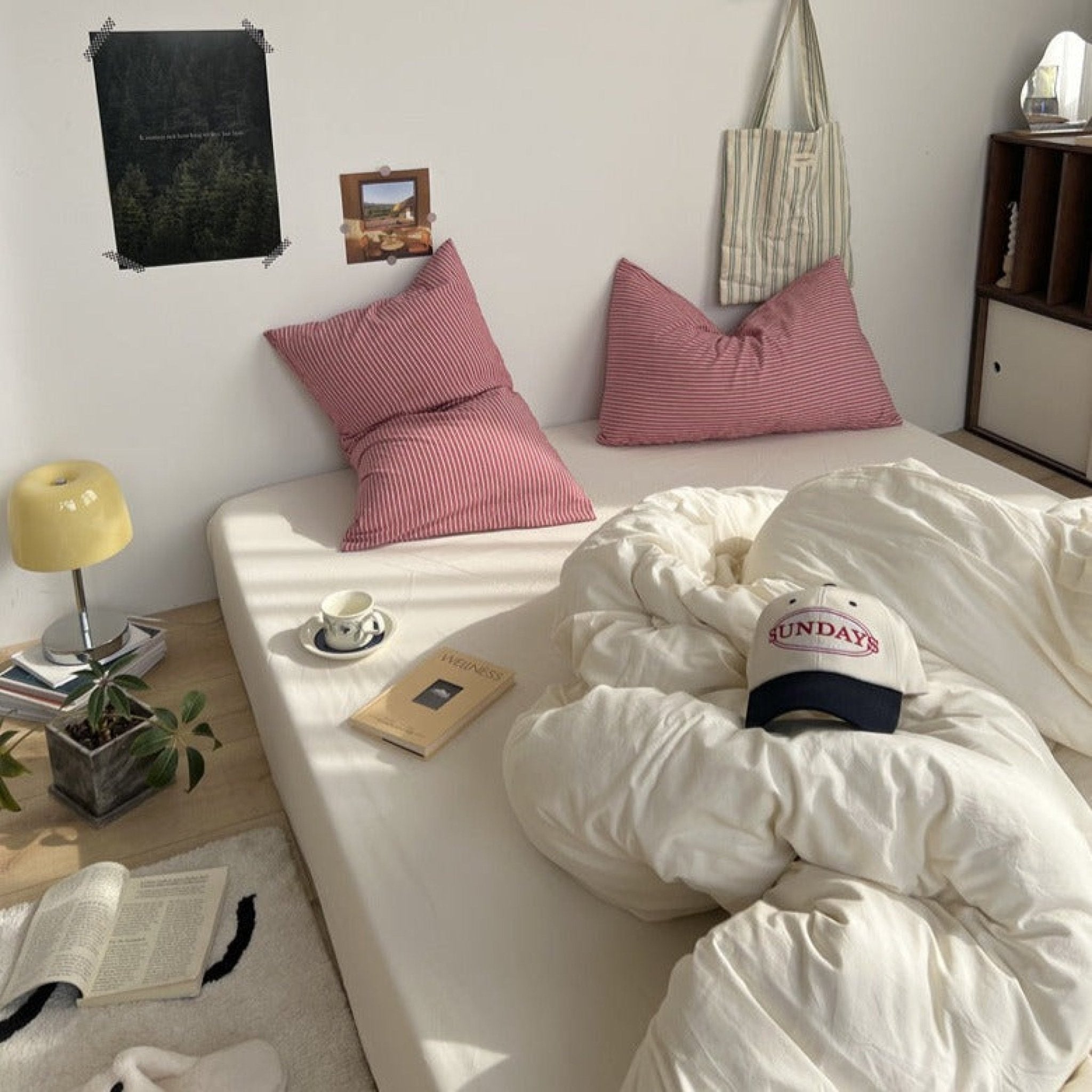 Mixed Stripe Washed Cotton Bedding Set / White + Red - Ever Lasting