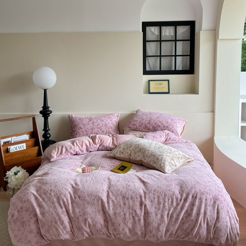 Muted Neutral Velvet Floral Bedding Set / Khaki Beige Pink Small Flat