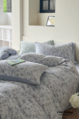 Muted Neutral Velvet Floral Bedding Set / Light Blue