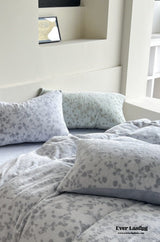 Muted Neutral Velvet Floral Bedding Set / Light Blue