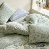 Muted Neutral Velvet Floral Bedding Set / Light Blue