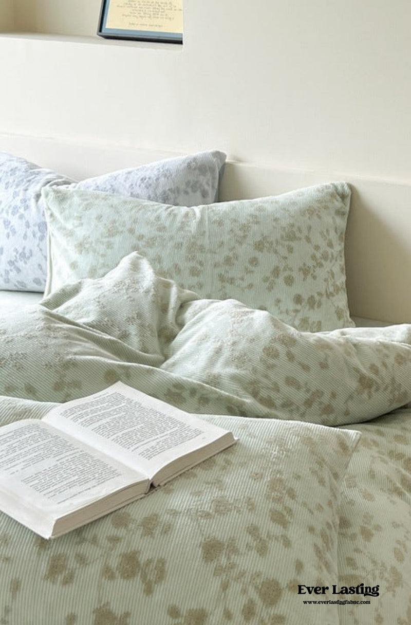 Muted Neutral Velvet Floral Bedding Set / Mint Green