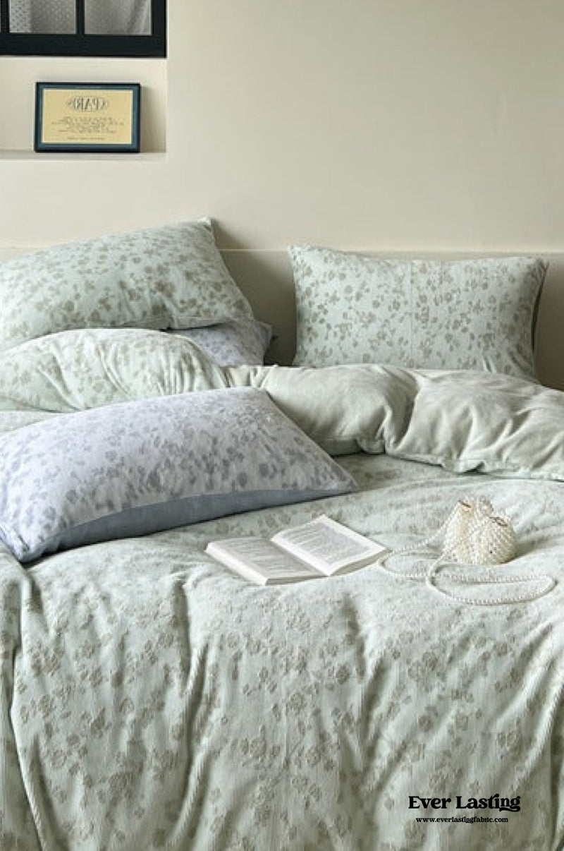 Muted Neutral Velvet Floral Bedding Set / Mint Green