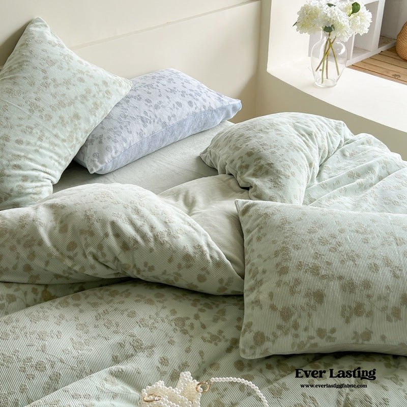 Muted Neutral Velvet Floral Bedding Set / Mint Green