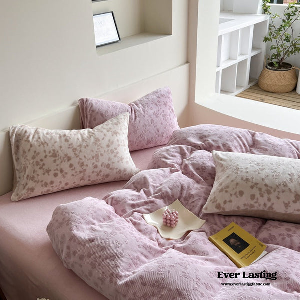 Muted Neutral Velvet Floral Bedding Set / Pink
