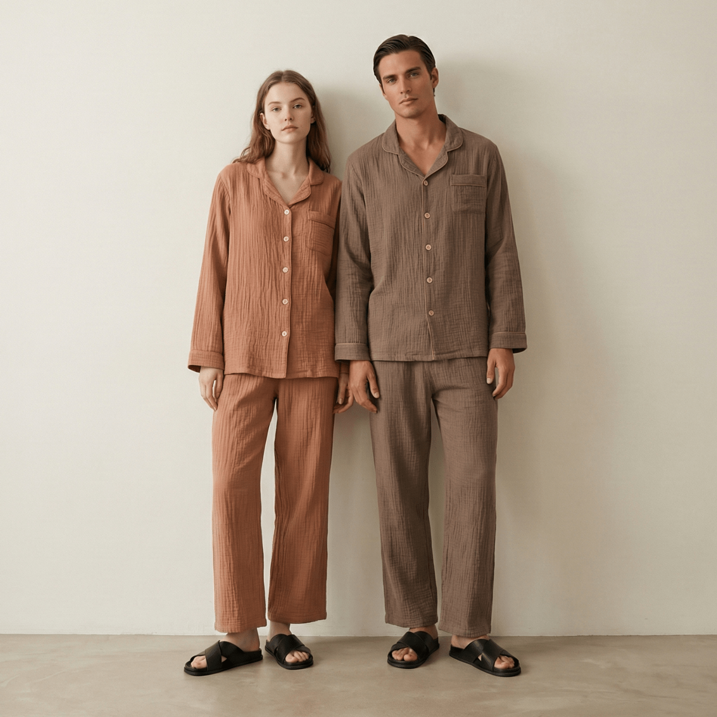  - Ever Lasting - Noa Cotton Japanese Style Lapel Pajama Set / Brown - Pajama Set - Ever Lasting