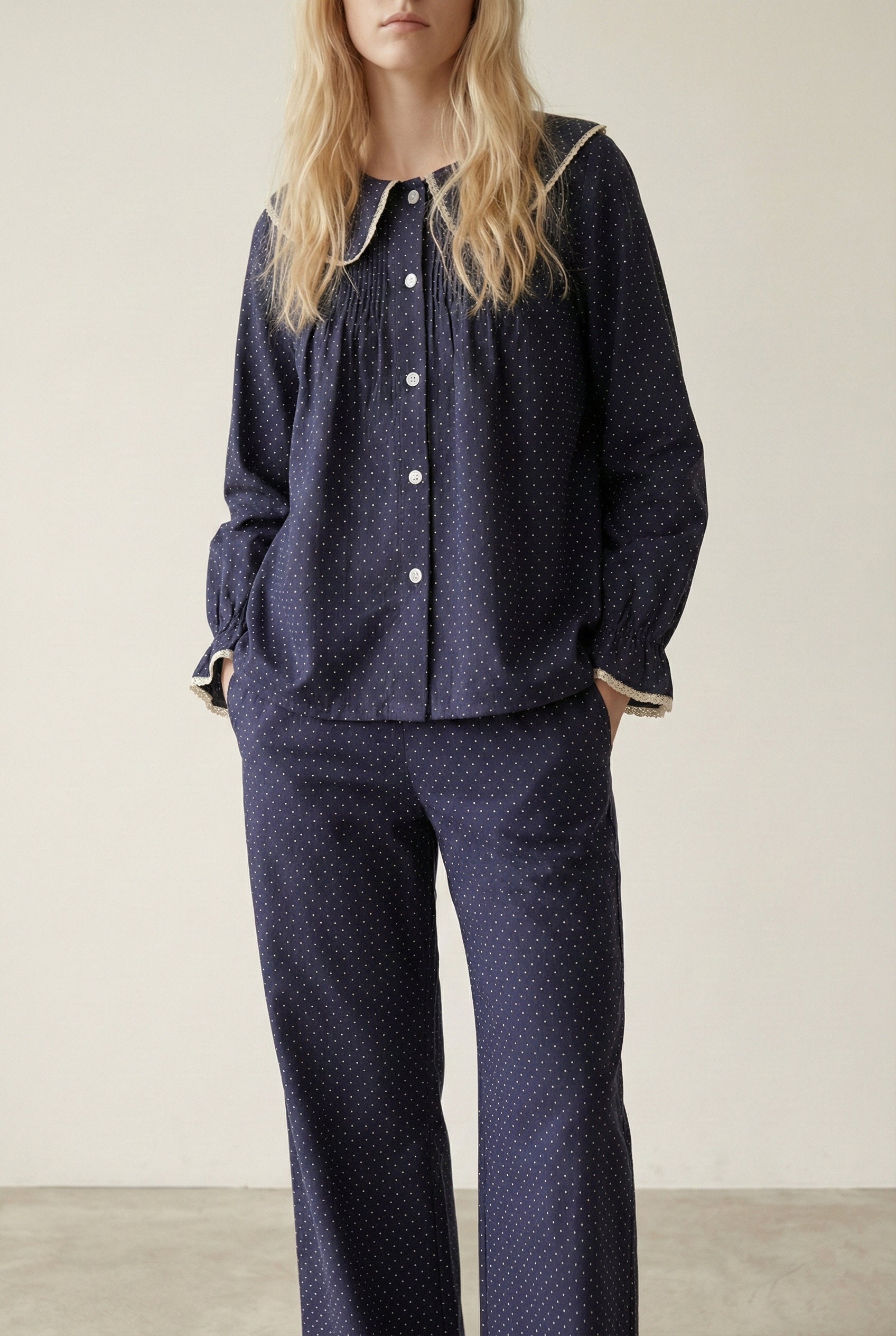  - Ever Lasting - Noelle Cotton Lapel Pajama Set / Dark Blue - Pajamas - Ever Lasting