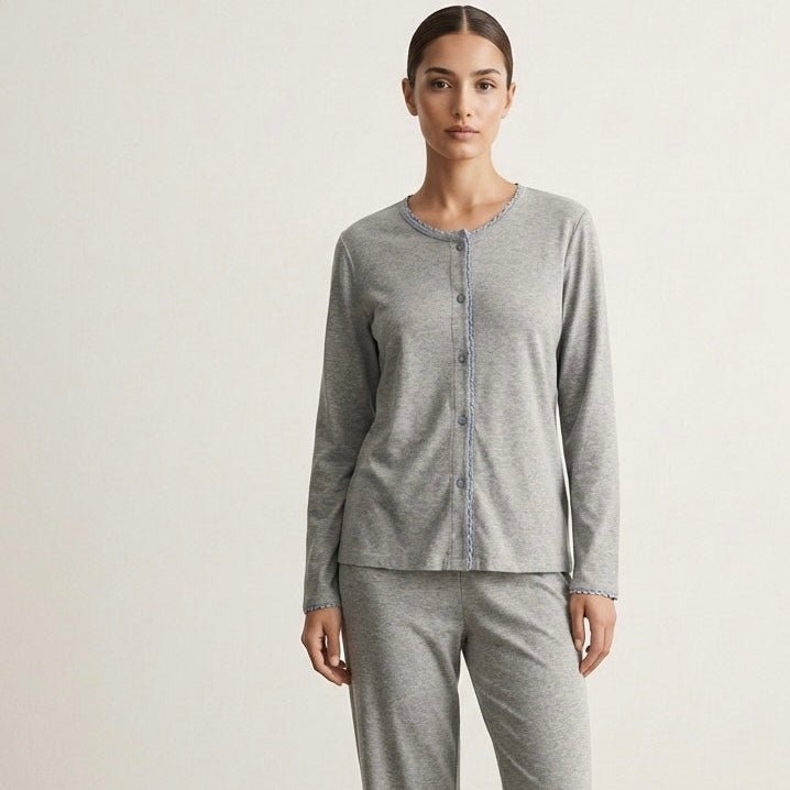  - Ever Lasting - Nola Long - Sleeve Lace Pajama Set / Gray - Pajamas - Ever Lasting