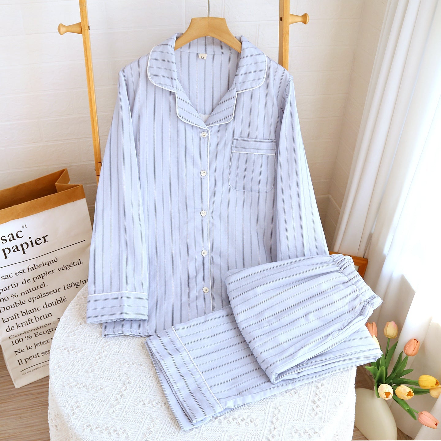  - Ever Lasting - Nyelle Double Gauze Striped Pajama Set / Blue - Pajamas - Ever Lasting