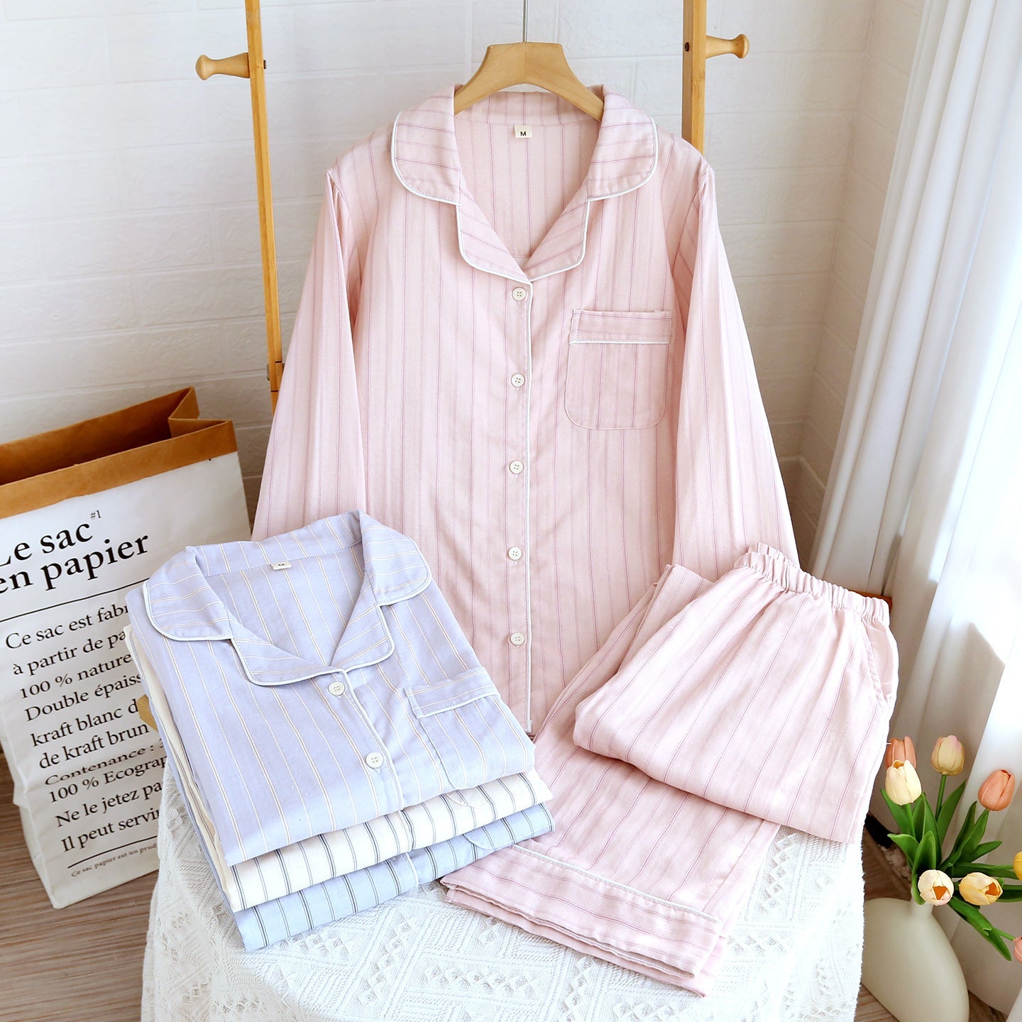  - Ever Lasting - Nyelle Double Gauze Striped Pajama Set / Blue - Pajamas - Ever Lasting